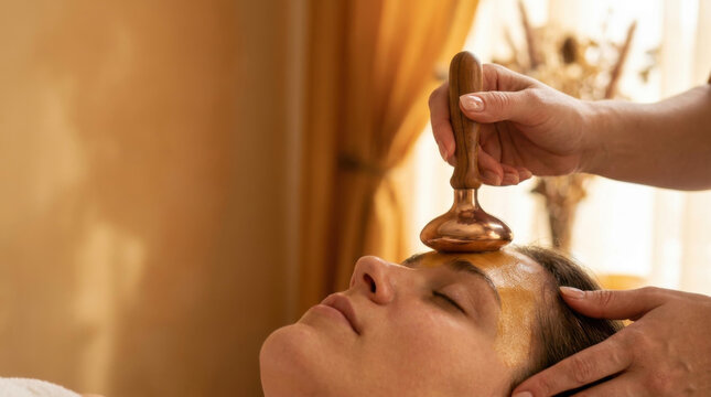 Facial massage with copper tool on relaxed face in spa treatment