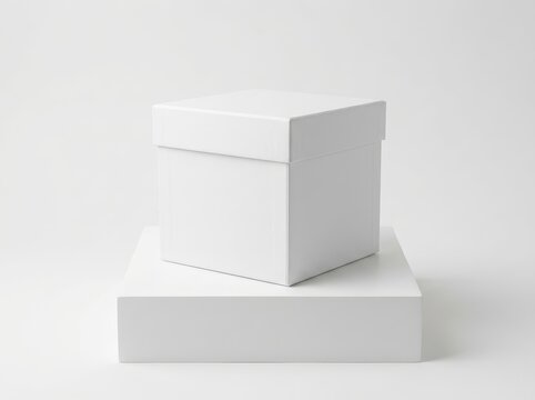 White rigid product box with removable lid on white pedestal