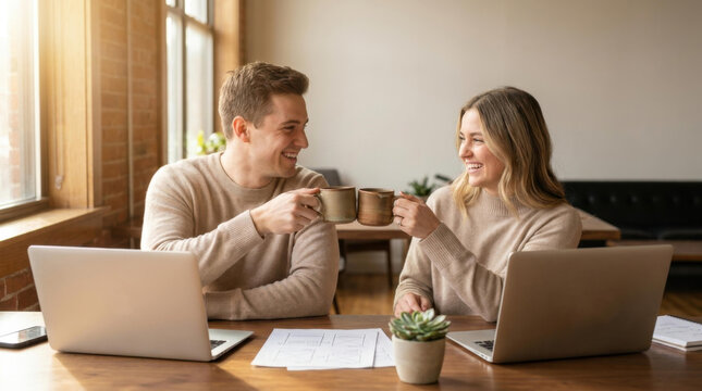 Startup founders toast with mugs in cozy office, smiling at laptop table in warm light
