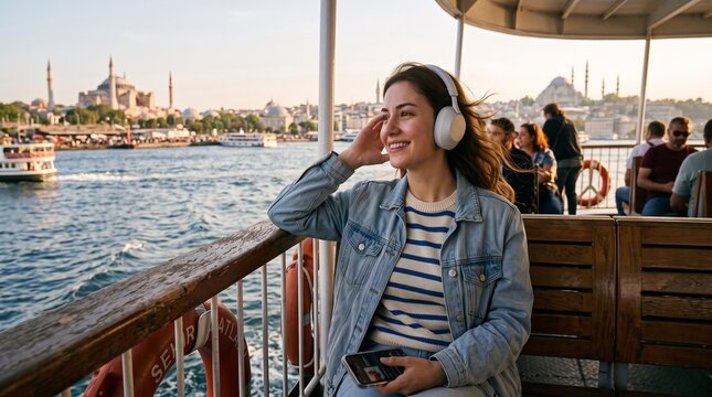 Modern lifestyle and travel concept with young woman wearing headphones on sea commute
