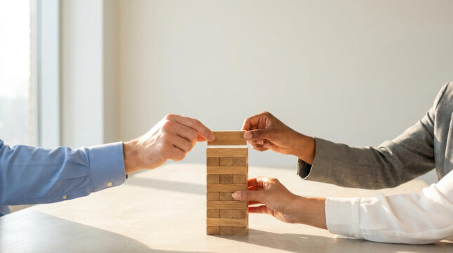 Teamwork wooden block tower meeting hands collaboration leadership support strategy trust office success stability