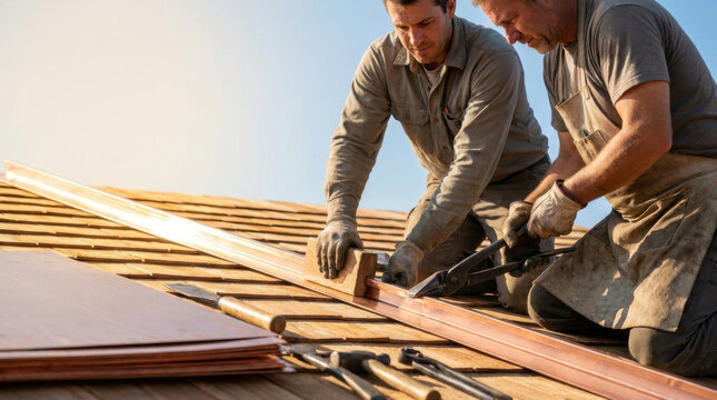 Roof repair copper flashing standing seam fold installation construction worker roofing tool safety gloves roof
