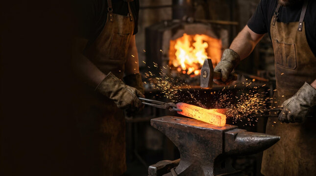 Blacksmith forge hammer anvil hot steel metalwork sparks workshop industrial craftsmanship