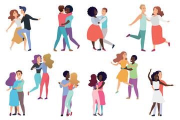 Fototapeta premium Happy diverse couples dancing in various poses, showcasing joyful movement and connection, colorful outfits, modern flat style, isolated on white background vector illustration