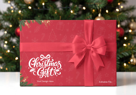 Christmas Gift Box Mockup with Ribbon and Bow