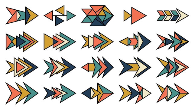 Collection of geometric triangle style arrows in various colors with geometric triangle colorful direction abstract