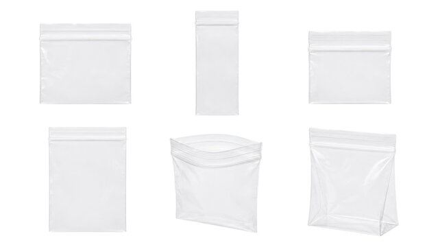 Clear resealable zip-top plastic bags in various sizes arranged on a transparent background, isolated product shot