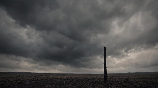Cinematic Climate Disaster Landscape Solitary Weathered Tree Trunk Across Barren Volcanic Plain Beneath Turbulent Storm Cloud, Foreboding Light, Isolation, Environmental Anxiety and Atmospheric
