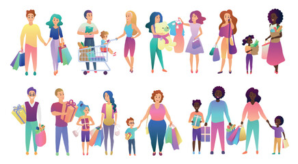 Fototapeta premium Group of diverse men, women, and children holding shopping bags, gifts, and groceries, representing family and retail activities, isolated on white background vector illustration