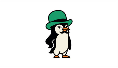 Obraz premium Gentleman penguin character wearing green bowler hat and mustache vector illustration
