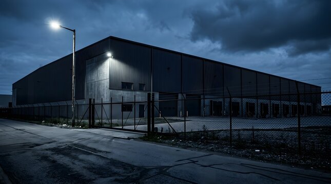 Modern industrial warehouse building at night with bright street lamps and cloudy sky