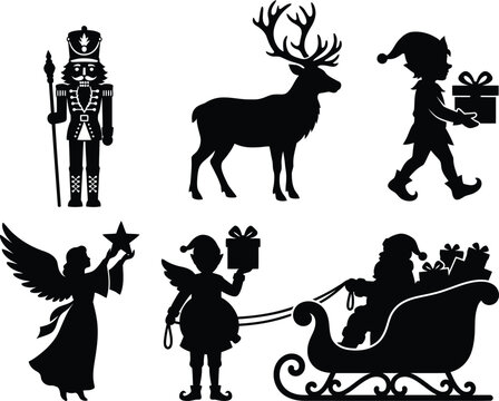 Festive Christmas silhouettes featuring nutcracker soldier, reindeer, elves with gifts, angel holding star, and Santa Claus sleigh vector art