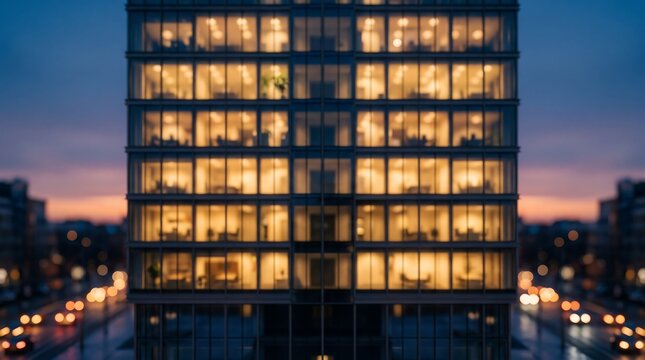 Blurred office building facade with glowing windows at twilight in a busy urban city center with displays glowing illuminated