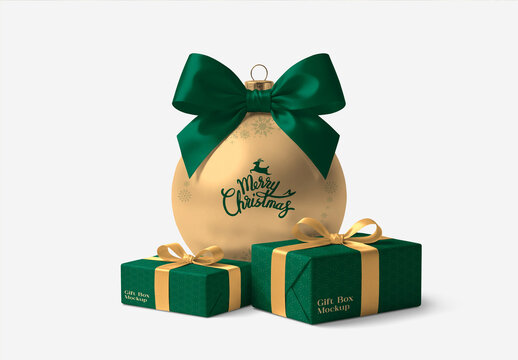 Christmas Golden Ball and Gift Box Mockup