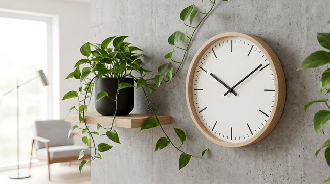Round analog clock mounted on a textured concrete wall, accompanied by plant decor in a contemporary interior space