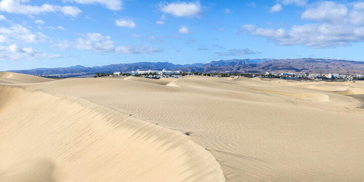 Gran Canaria Maspalomas sand dunes desert panorama on Canary islands in Spain