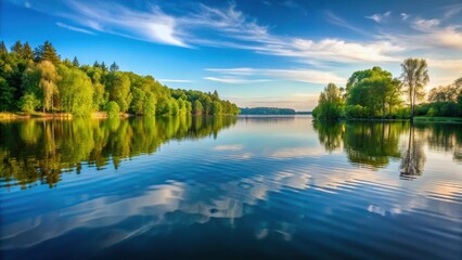 Obraz premium A serene lake with a wave on its surface, reflecting the surrounding trees and sky
