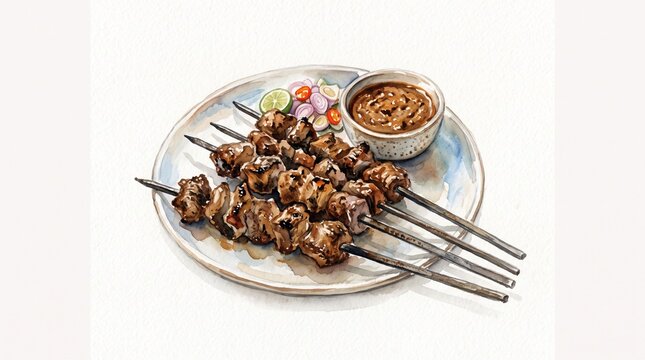 Watercolor illustration of sate klathak, Indonesian lamb satay skewered on iron rods, simple seasoning, smoky brown tones, white background, no border, no frame, rustic food illustration