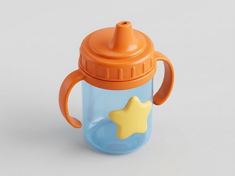 Blue baby sippy cup with orange lid and yellow star design