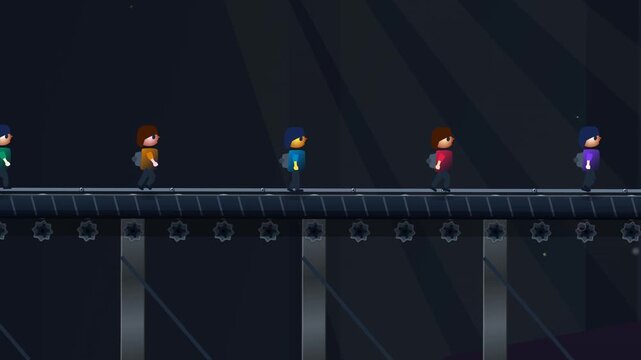 Animation criticizing the modern standardized education system where diverse students are processed like a factory conveyor belt into identical boxes highlighting loss of individuality