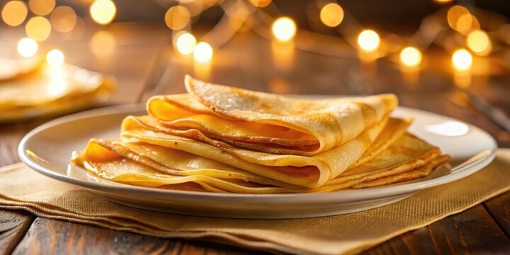 Thin, golden crepes suzette delicately placed on a clean white plate, softly illuminated by warm kitchen lights, modern presentation, delicious crepes