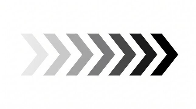 Minimalist chevron arrow progress bar, monochrome gradient directional pointer, black and gray geometric motion symbol on white background