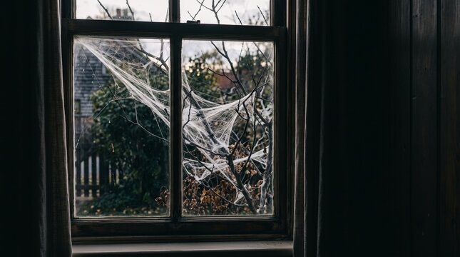 Creepy cobwebs and spiders adorn an old window frame with a spooky outdoor scene visible through the glass vector illustration
