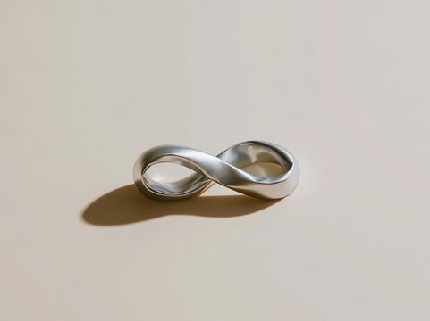 Metallic foil loop folded into an impossible infinity shape with a brushed sheen and soft crinkles, on a neutral ground with copy space