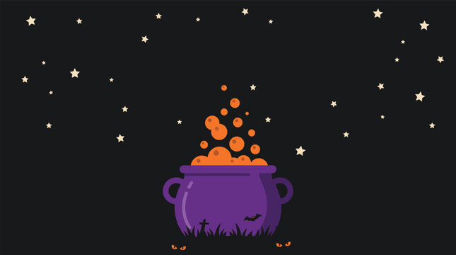 A creative halloween background vector featuring a purple witch cauldron with bubbling orange potion under a dark starry night sky