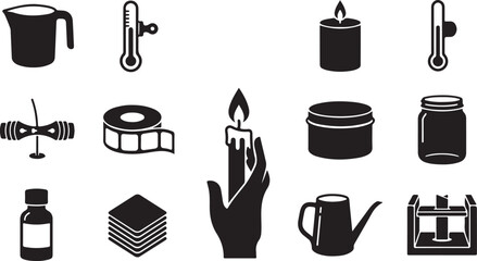 Fototapeta premium Set of black silhouette for candle making, featuring a pouring pitcher, thermometer, wick, wax roll, glass jar, essential oil bottle, hand holding a lit candle, and metal mold