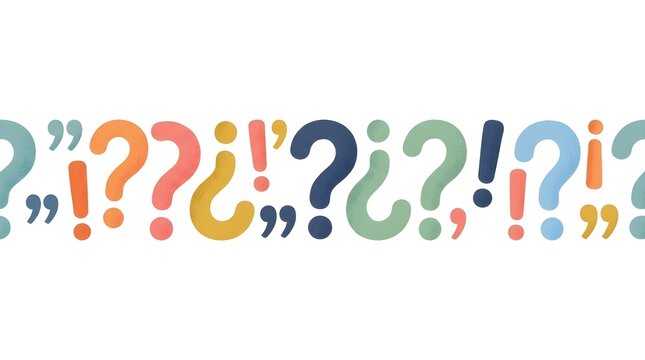 Colorful question marks and exclamation points on white background