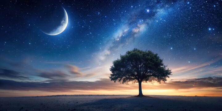 A lone tree stands under a vast, darkened sky with stars twinkling above