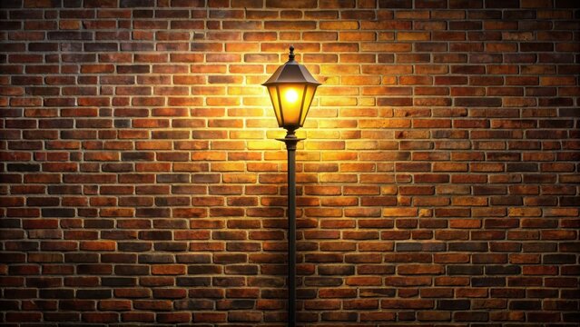 Moody midnight street light casting a solitary glow on a brick wall,