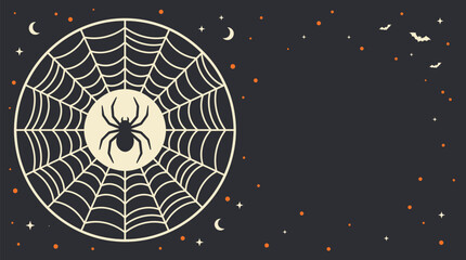 A dark spooky halloween background vector featuring a circular spider web with a small black spider on a night sky © Crafted Canvas