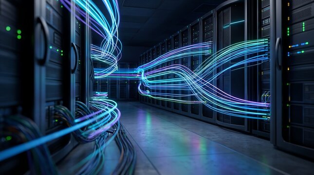 Glowing light trails representing high speed data transfer through rows of modern server computer cabinets