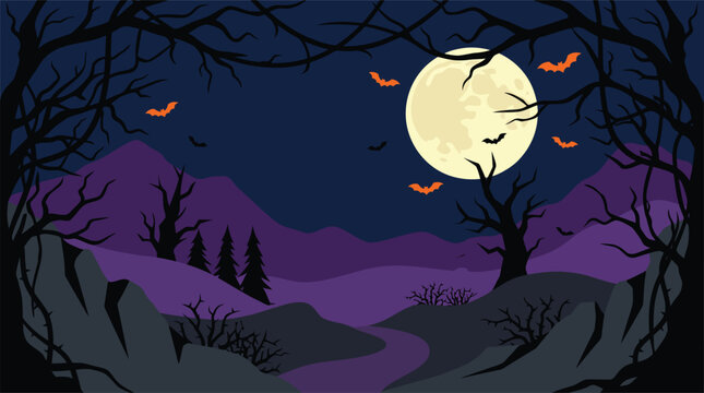 A spooky halloween background vector featuring a full moon silhouette trees and flying bats for your festive holiday design projects