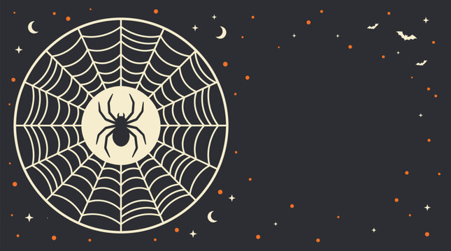 A dark spooky halloween background vector featuring a circular spider web with a small black spider on a night sky