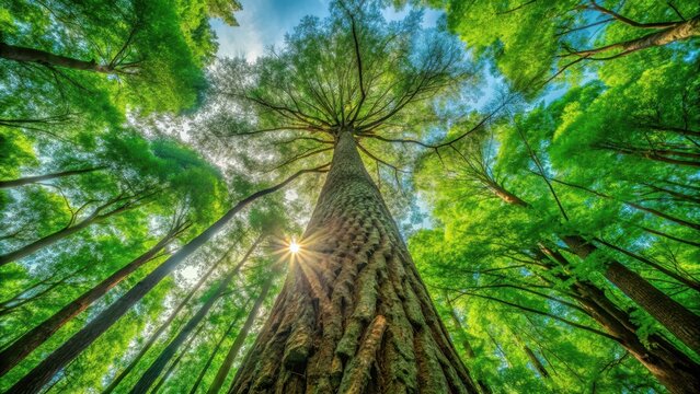 Tallest tree in a forest with its branches stretching towards the sky , green, nature
