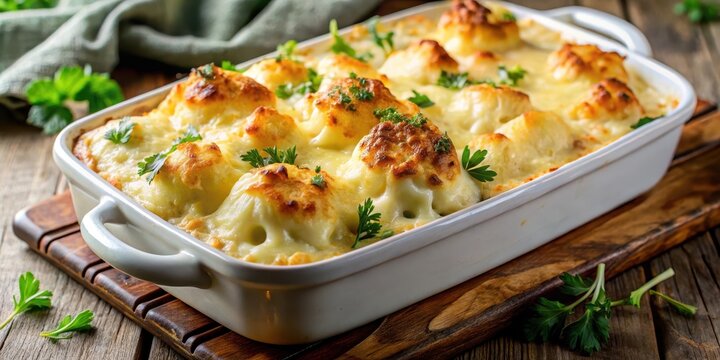 Richly golden bechamel sauce cascading over a creamy cauliflower casserole