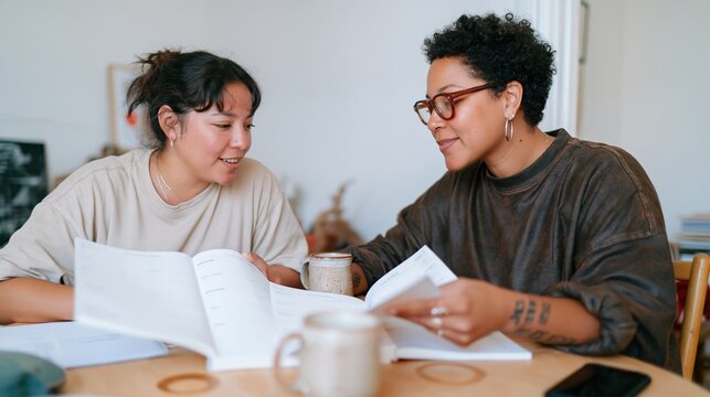 Blank weekly planners on a light oak table, two young adults comparing open spreads in a cozy lived-in flat for habit and planning template