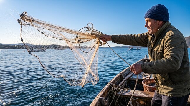 Fisherman in boat casting fishing net into the sea during daytime with clear blue sky vector illustration