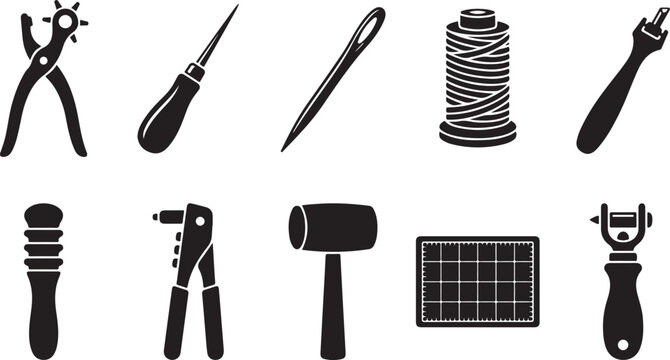 Set of ten black silhouette representing leather crafting tools, including a hole punch, awl, needle, thread spool, mallet, and cutting blades, arranged in two rows on a white background