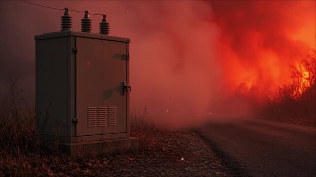 Cinematic Climate Disaster Electrical Transformer Beside Smoke Filled Rural Road, Glowing Wildfire Under Red Sky, Utility Fire Danger and Environmental Tension Against Dark Rural Landscape