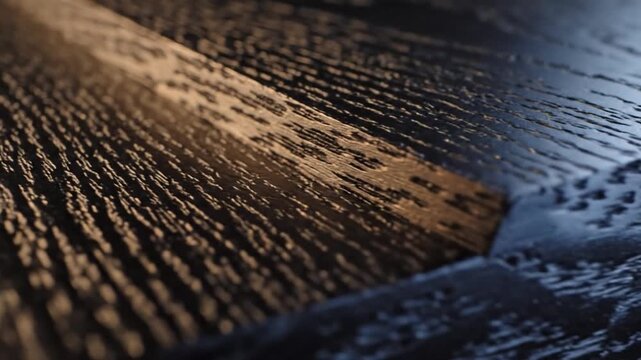 Close-up perspective of dark stained wooden floor, showcasing the grain texture and unique detail