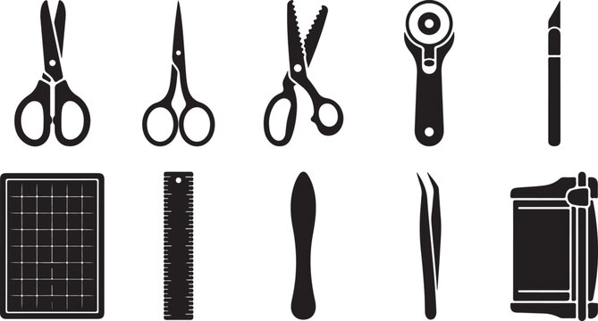 Set of ten black silhouette representing various crafting and sewing tools, including scissors, rotary cutter, scalpel, cutting mat, ruler, bone folder, tweezers, and paper trimmer