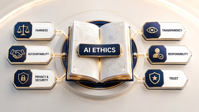 AI Ethics And Responsible Artificial Intelligence Guidelines Concept With Digital Rule Book And Core Principles
