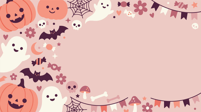 Cute pastel halloween background vector featuring friendly ghosts pumpkins bats and decorative elements for festive seasonal party invitation card designs