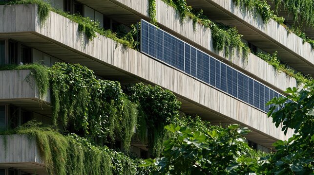 Renewable energy solar panels installed on raw board-marked concrete parapets with trailing green shrubbery for sustainability layouts