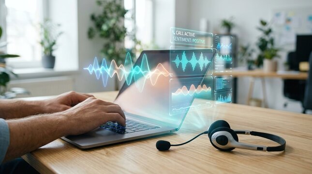 Person working on a laptop with holographic data visualization in an office
