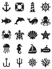 Fototapeta premium Nautical Vector Icon Set Marine Life Sea Animals Anchor Boat Silhouette Symbols